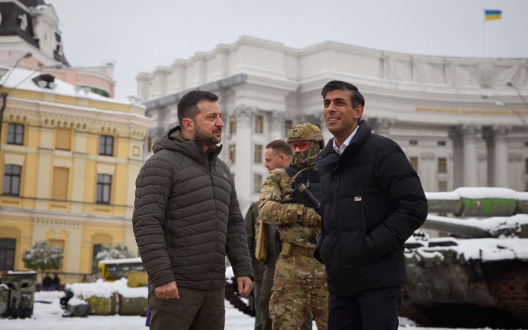 KYIV, UKRAINE - NOVEMBER 19: (----EDITORIAL USE ONLY - MANDATORY CREDIT - "UKRAINIAN PRESIDENCY / HANDOUT" - NO MARKETING NO ADVERTISING CAMPAIGNS - DISTRIBUTED AS A SERVICE TO CLIENTS----) British Prime Minister Rishi Sunak and Ukrainian President Volodymyr Zelenskyy meet in Ukraineâ€™s capital Kyiv on November 19, 2022. After the meeting, Zelenskyy and Sunak visited the exhibition of the destroyed military equipment of the Russian forces, presented in Mikhailivska Square. Ukrainian Presidency/Handout / Anadolu Agency (Photo by Ukrainian Presidency/Handout / ANADOLU AGENCY / Anadolu Agency via AFP)