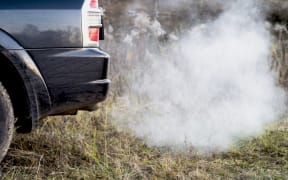 The back of the black car with the emission of smoke from the exhaust pipe on the background of nature. The concept of environmental pollution by vehicles.