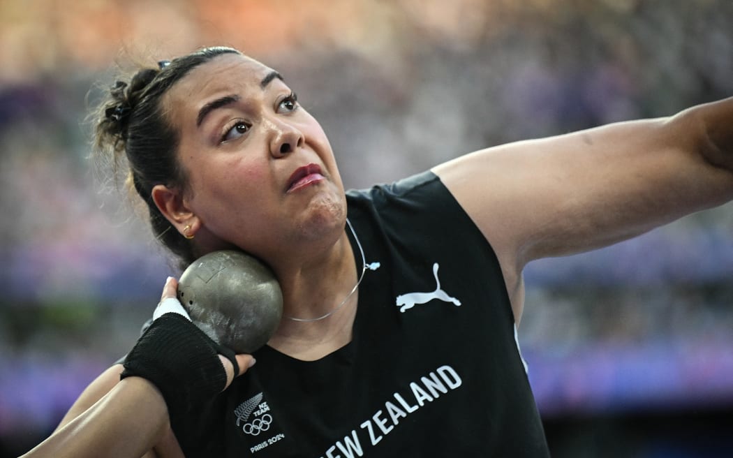 New Zealand's Maddison-Lee Wesche competes in the women's shot put final of the athletics event at the Paris 2024 Olympic Games at Stade de France in Saint-Denis, north of Paris, on August 9, 2024. (Photo by Andrej ISAKOVIC / AFP)