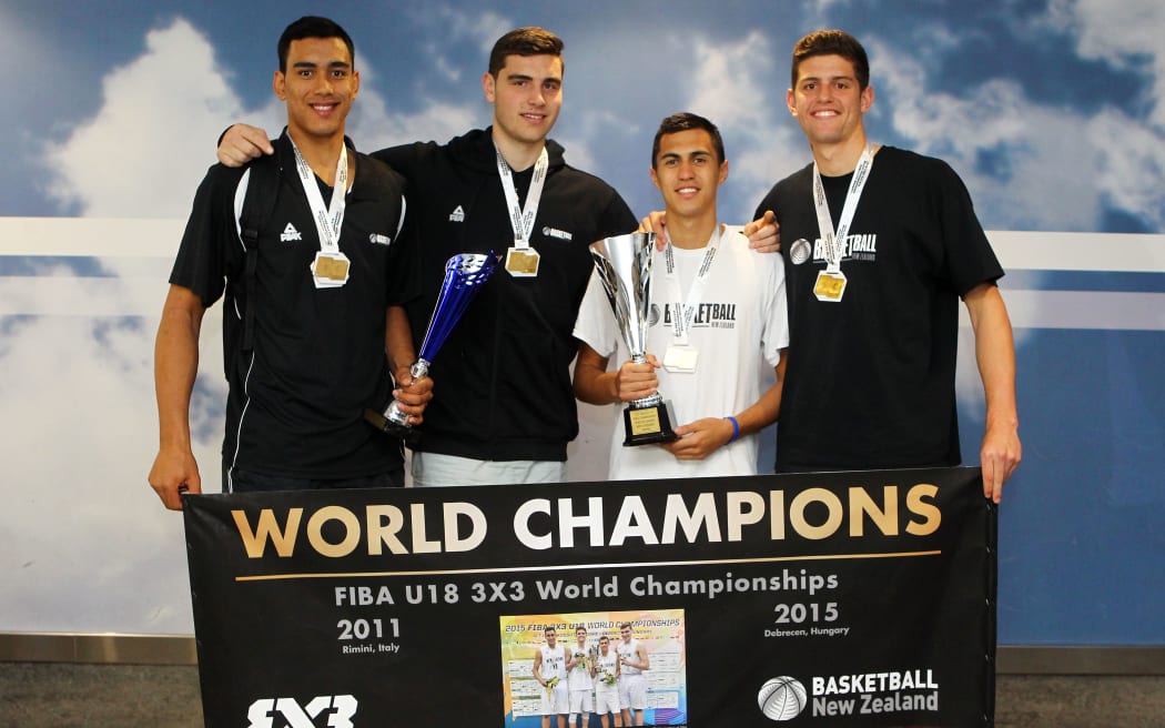 (L to R) Tai Wynyard, Sam Timmins, Nikau McCullough and Matt Freeman, The winning New Zealand men's team from the FIBA U18 World 3x3 Basketball Championship