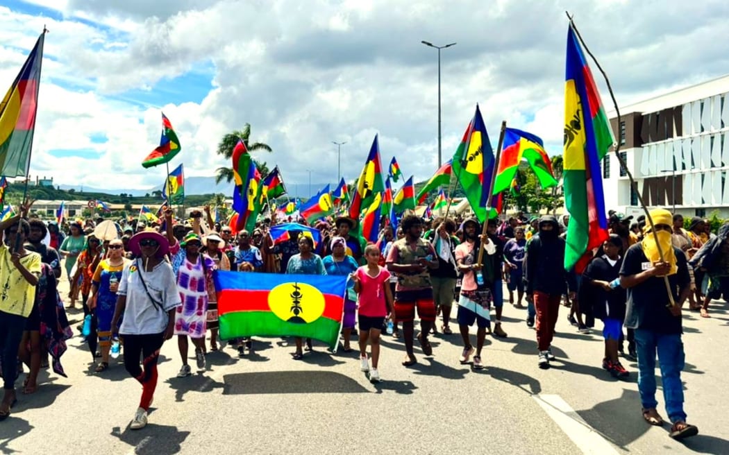 Pro-independence CCAT protesters in Nouméa on 2 April 2024.