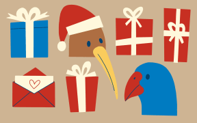 Stylised illustration of xmas presents and NZ birds