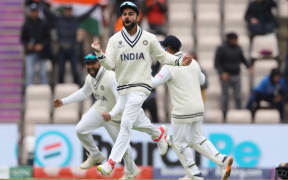 Captain Virat Kohli celebrates the dismissal of Black Caps batsman Henry Nicholls on day 5 of the ICC World Test Championship Final at Southampton, England on Tuesday 22nd June 2021.
