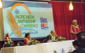 Samoa Deputy PM , Fiame Niamo, Mataáfa, speaking at the ABU conference in Apia