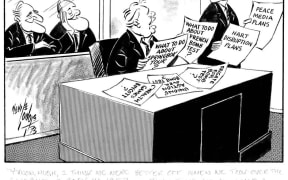 1973 Neville Lodge cartoon in the Evening Post newspaper on the problems facing Norman Kirk’s new Labour government.