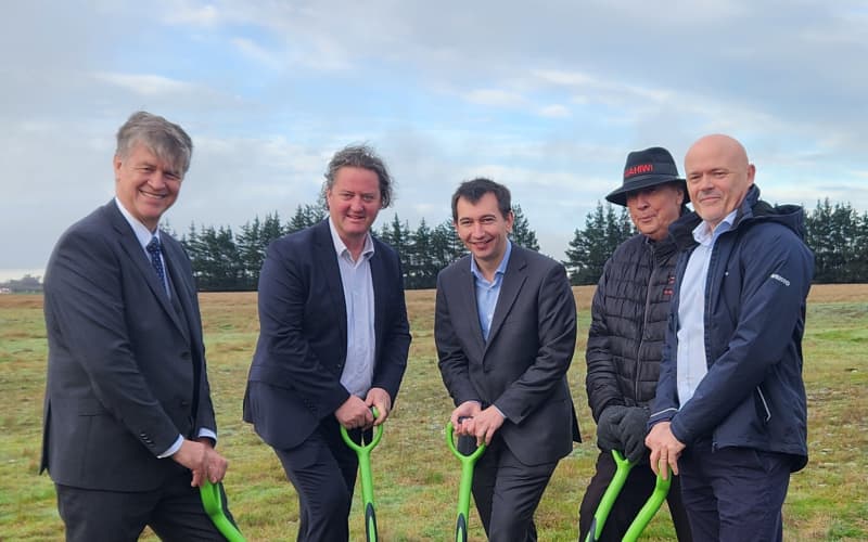Officials, including Energy Minister Simeon Brown (centre), marked the start of the solar farm's construction with a sod-turning ceremony on 27 August 2024.