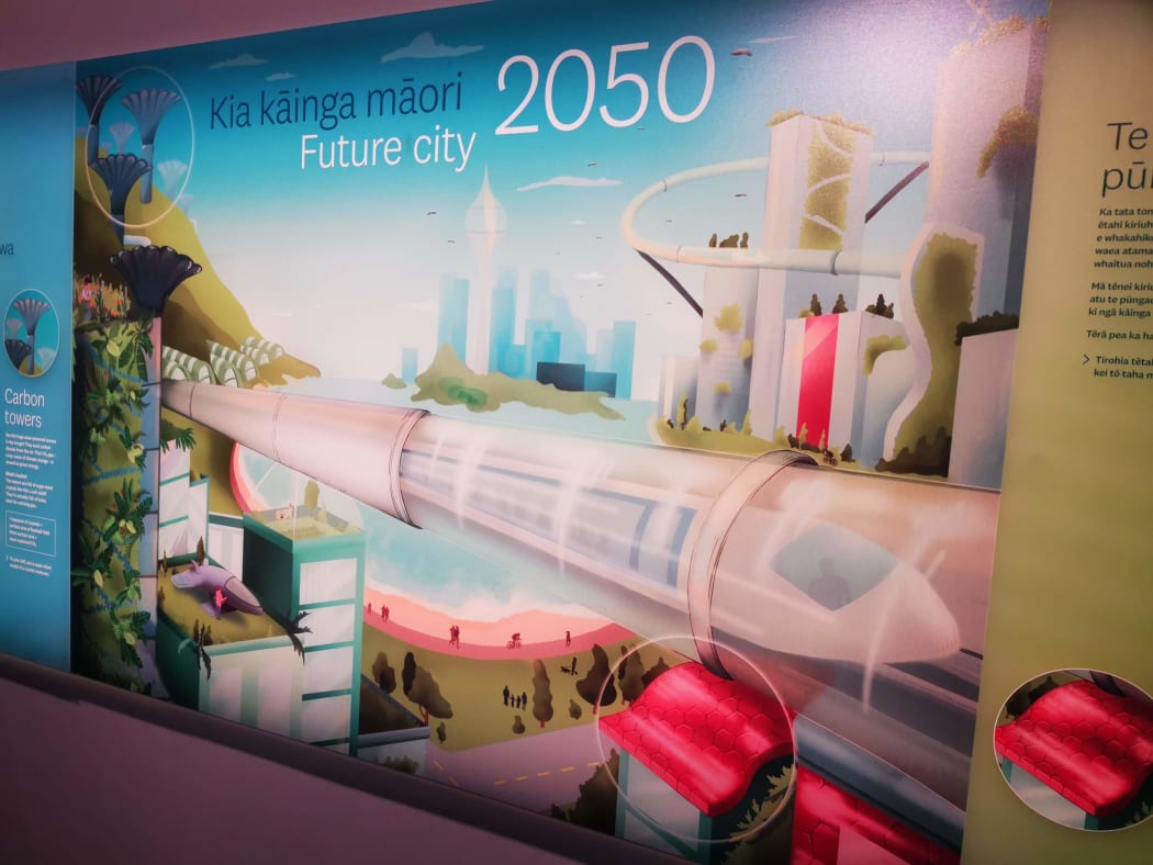 The 'future city' depicted in this Te Papa graphic includes carbon capture technology and a new-generation of flexible solar panels.