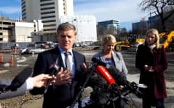 Bill English spoke on the site of the planned Christchurch Convention Centre.