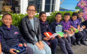Yendarra School students at lunch with their teacher Tamryn Takai.