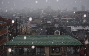 Snow falls across the rooftops of residential buildings during the early morning hours in Tokyo on November 24, 2016. 
KAZUHIRO NOGI / AFP