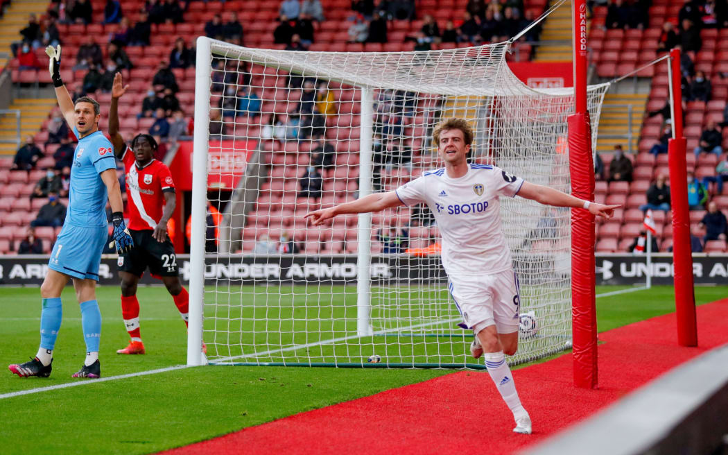 Leeds United forward Patrick Bamford (9) celebrates his goal 0-1 during the English championship Premier League football match between Southampton and Leeds United on May 18, 2021 at the St Mary's Stadium in Southampton, England.