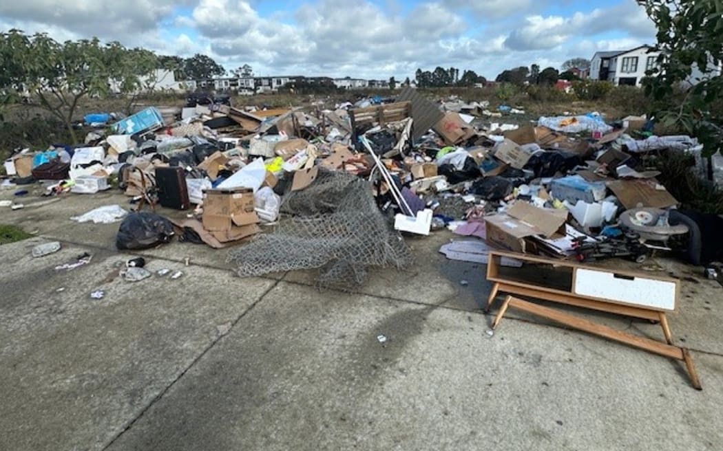 Waste dumped in a new residential development area, hidden from public view but costly to clean up.