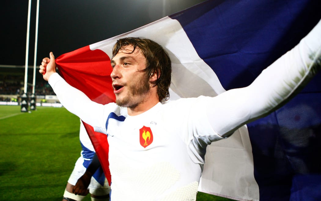 Maxime Medard celebrates victory over the All Blacks, Carisbrook, Dunedin, 2009.