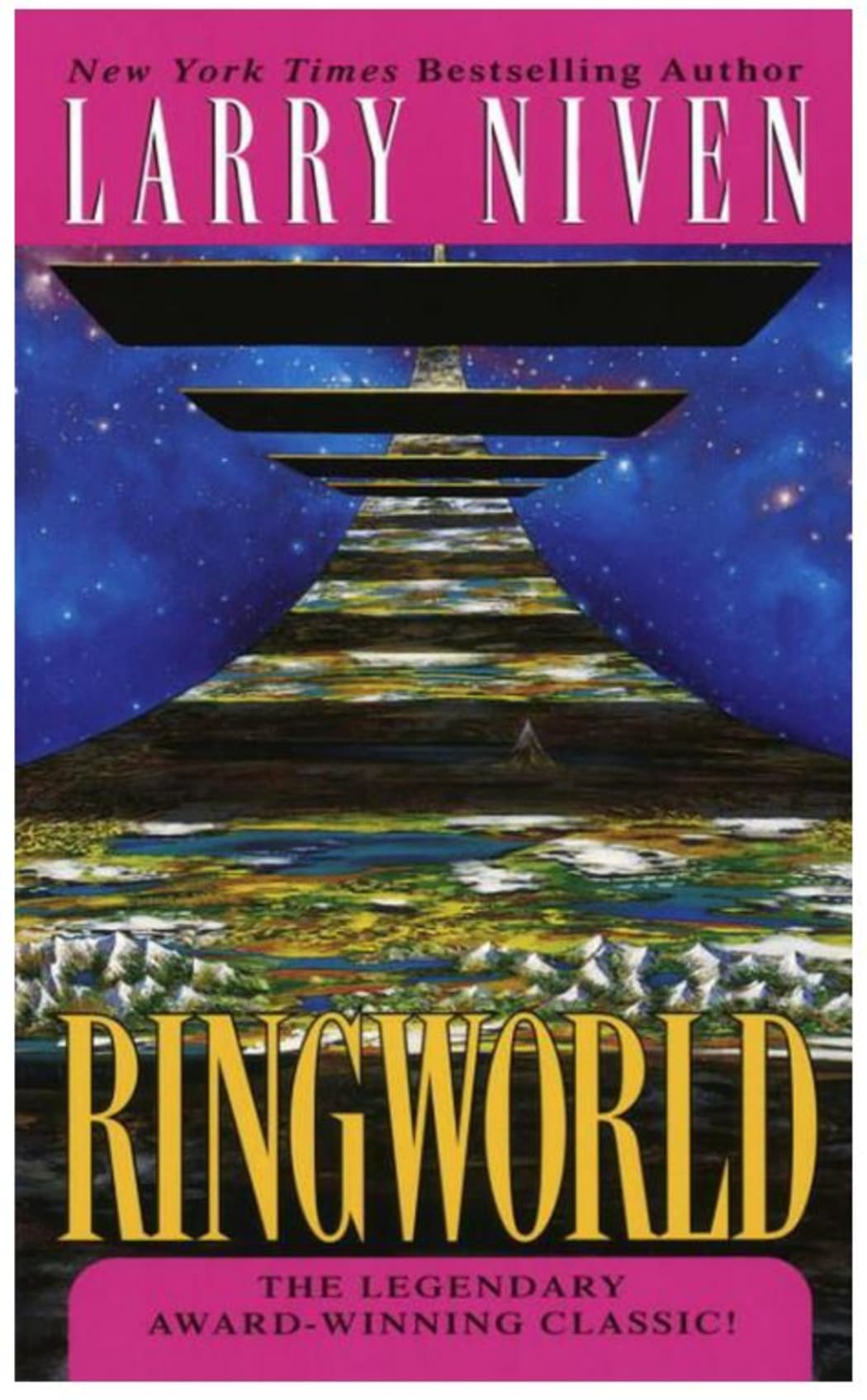 The cover of Larry Niven's book Ringworld, the 1985 reprint by Del Rey Books / Ballantine Books Inc