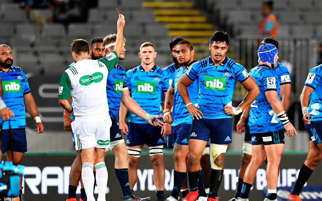 Blues Tanielu Tele'a receives a red card.