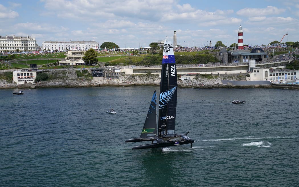 An aerial view of New Zealand SailGP Team helmed by interim skipper Arnaud Psarofaghis warming up ahead of the first race on Race Day 1 at Great Britain SailGP, Event 3, Season 2 in Plymouth, Great Britain 17 July 2021.