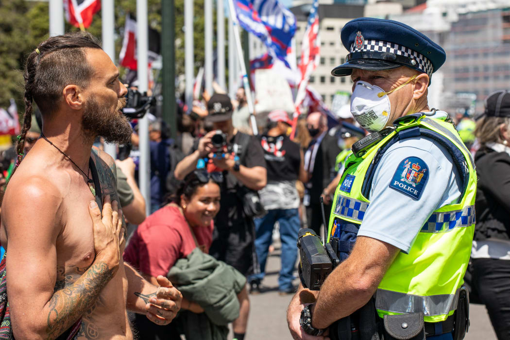 With the formal event ended some protesters came through the barricades to bring their issues to the police.