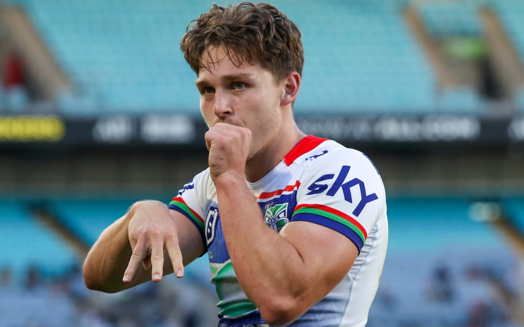 Luke Metcalf reacts after scoring. South Sydney Rabbitohs v One NZ Warriors.