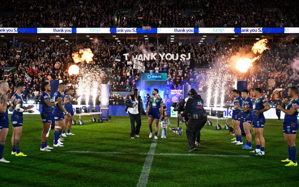 Warriors player Shaun Johnson and family walks out for his last game. Warriors v Bulldogs. NRL Rugby League. Go Media Mt Smart Stadium, Auckland, Friday 23 August 2024. © Photo: Andrew Cornaga / www.photosport.nz