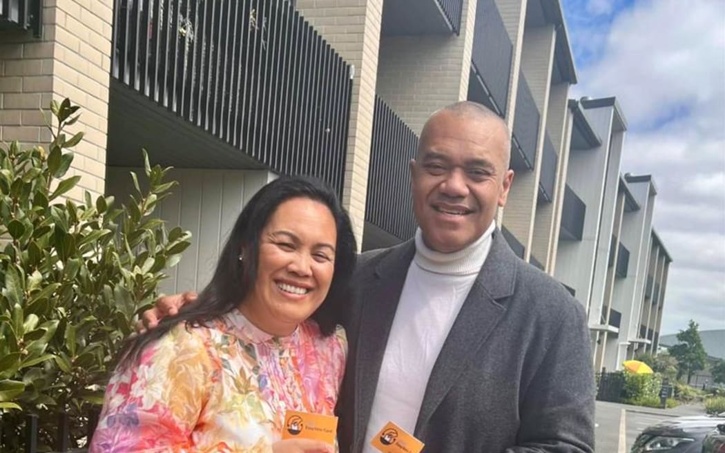 First time Green Party of Aotearoa New Zealand MP Fa'anānā Efeso Collins with his wife at a polling booth.