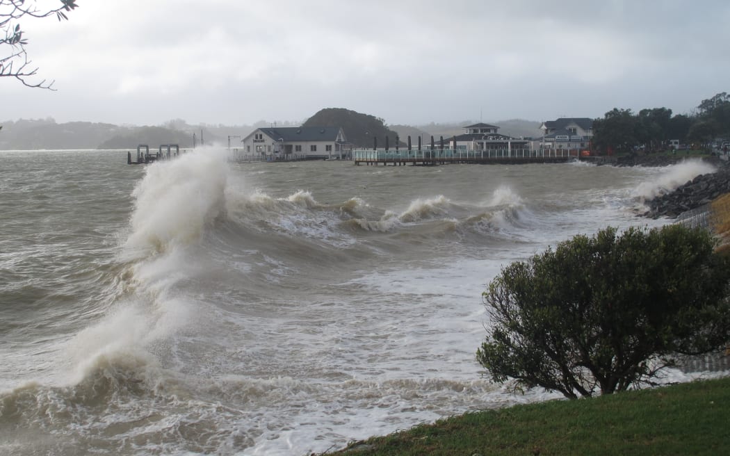 Heavy seas pound the shoreline in Paihia, in the Bay of Islands, during a previous easterly storm.