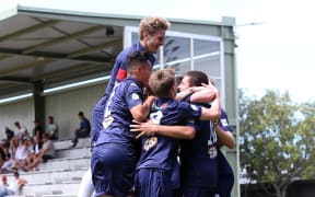 Auckland celebrate Leon Van Den Hoven's goal. Auckland City defeat Tasman United 5 - 2 to take out the 2017 National Youth League Title, NYL, Auckland City FC v Tasman United, Kiwitea Street Auckland, Saturday 16th December 2017. Photo: Shane Wenzlick / www.phototek.nz