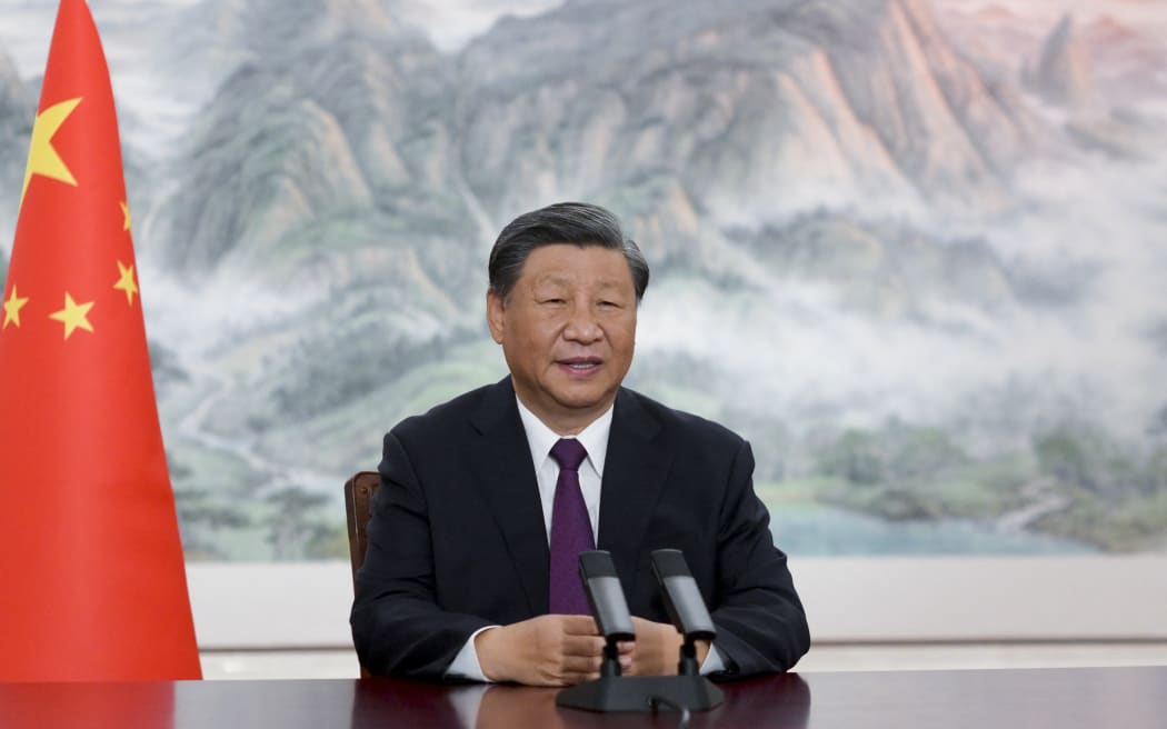 (230902) -- BEIJING, Sept. 2, 2023 (Xinhua) -- Chinese President Xi Jinping addresses the Global Trade in Services Summit of the 2023 China International Fair for Trade in Services (CIFTIS) via video in Beijing, capital of China, on Sept. 2, 2023. (Xinhua/Li Xueren) (Photo by LI XUEREN / XINHUA / Xinhua via AFP)