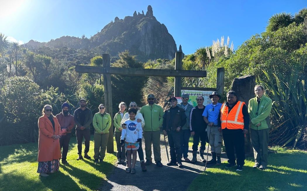 DOC staff and local iwi at the re-opening of the track up Mount Manaia, at Whangārei Heads.