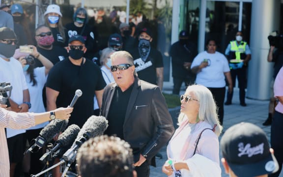 Brian and Hannah Tamaki speak to supporters outside Auckland Central Police Station, 23 November 2021