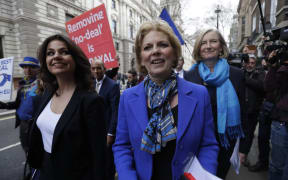 British MPs, from left, Heidi Allen, Anna Soubry and Sarah Wollaston arrive for a press conference at Westminster to announce their resignation from the Conservative Party.
