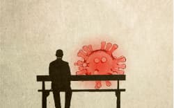 Man sitting on a bench next to Covid particle, illustration. (Photo by FANATIC STUDIO / SCIENCE PHOTO L / FST / Science Photo Library via AFP)