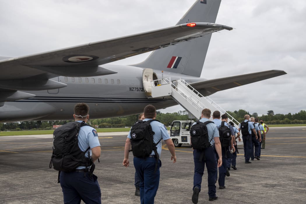 Police depart RNZAF Base Auckland for the Solomon Islands on a Royal New Zealand Air Force Boeing 757.