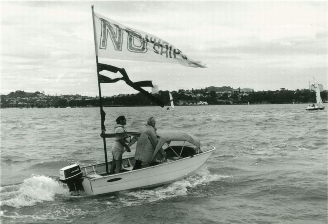 In a small aluminium boat, Peace Squadron founder George Armstrong leads the flotilla on a protest in 1979.
