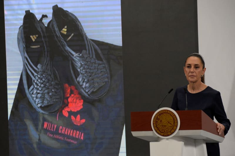 Mexican President Claudia Sheinbaum Pardo speaks about the Willy Chavarria and Adidas shoe during a press conference at the National Palace in Mexico City, Mexico, on 8 August, 2025.