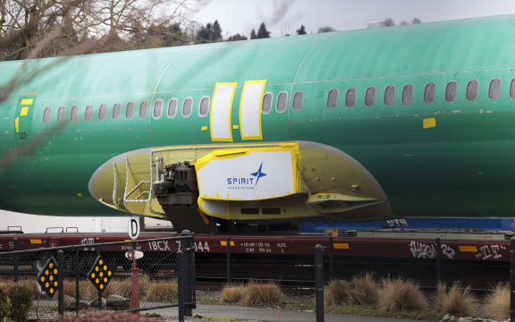 The Spirit AeroSystems logo is pictured on an unpainted 737 fuselage as Boeing's 737 factory teams hold the first day of a "Quality Stand Down" for the 737 program at Boeing's factory in Renton, Washington on January 25, 2024.