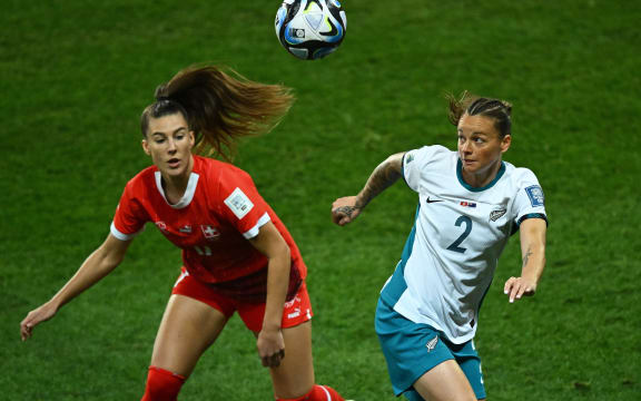 New Zealand's Ria Percival in action against Switzerland, 2023 FIFA World Cup.