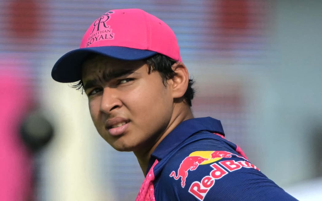 Rajasthan Royals’ Vaibhav Suryavanshi looks on during the Indian Premier League (IPL) Twenty20 cricket match between Kolkata Knight Riders and Rajasthan Royals at the Eden Gardens in Kolkata on May 4, 2025. (Photo by DIBYANGSHU SARKAR / AFP)
