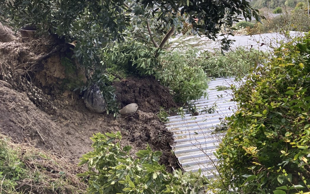 The slip that came down the hillside and inundated Jo Chamberlain and Mark Hewson's property in Nelson, causing it to be red-stickered.