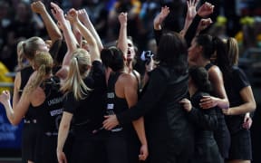 The Silver Ferns celebrate their semi-final win over England at the 2015 Netball World Cup.