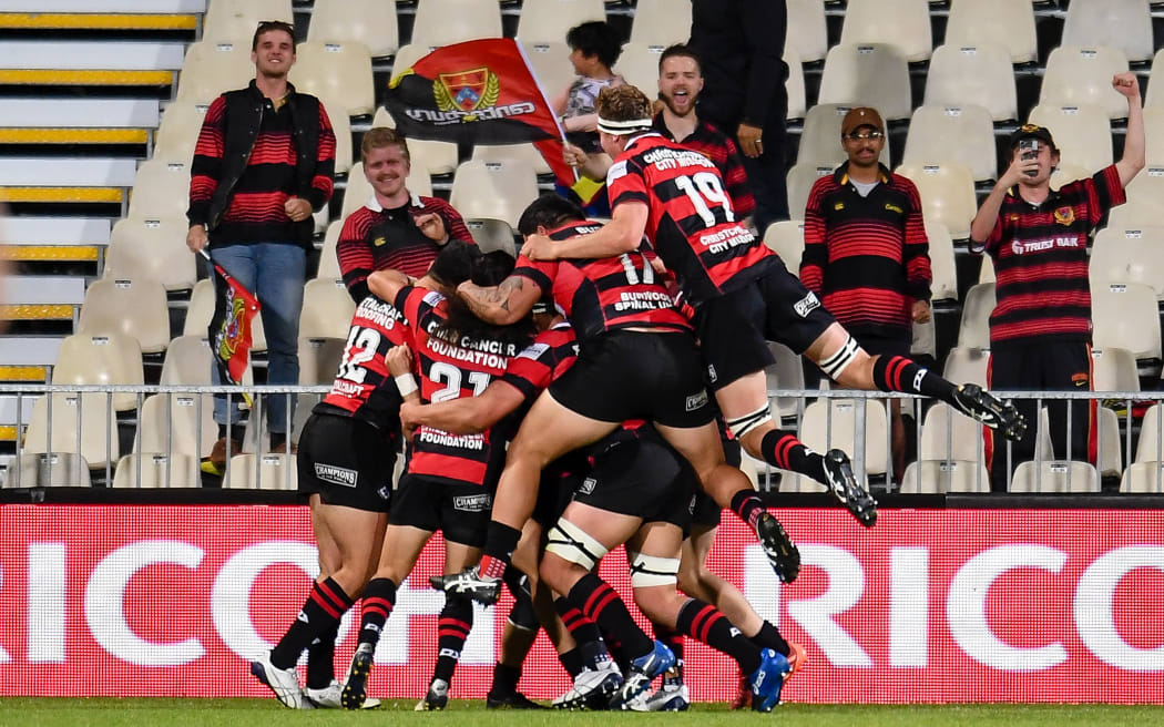 Canterbury celebrates winning the Mitre10 Cup rugby match against Wellington at Orangetheory Stadium, Christchurch, New Zealand, 3rd October 2020.
