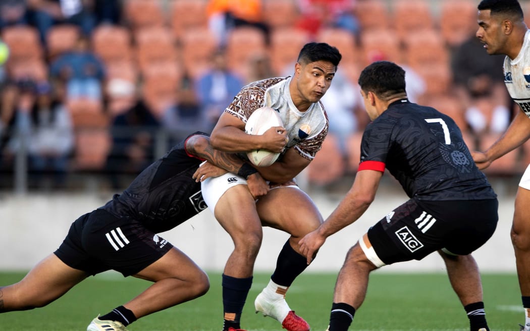 Moana Pasifika 1st-five Josh Ioane during the rugby match between M?ori All Blacks v Moana Pasifika - held at FMG Stadium, Hamilton, New Zealand.  05  December  2020