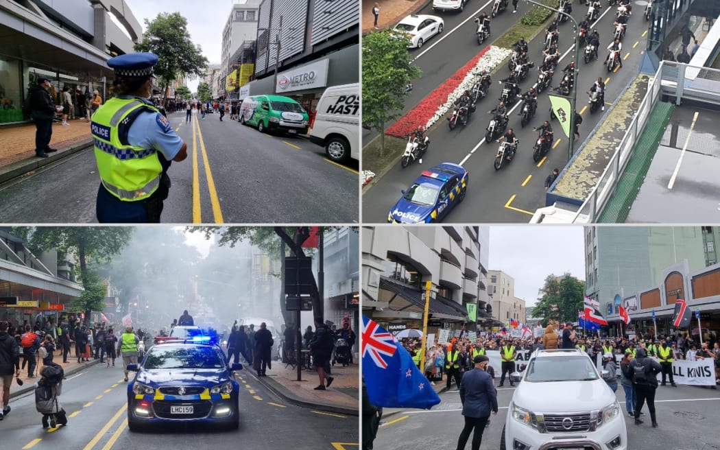 Protesters take to the streets in a march against Covid-19 restrictions in downtown Wellington on 16 December.