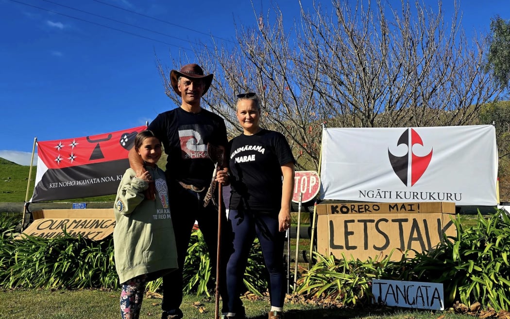 Ngāti Kahungunu Chair Bayden Barber (center) at a protest against the sale of Kahurānaki Station which includes the mountain of the same name on Monday June 2nd 2025
