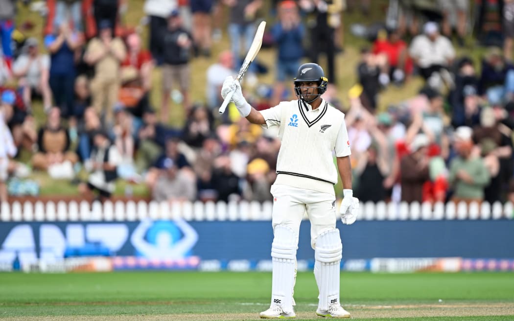 Rachin Ravindra acknowledges his 50 during play on Day 3 of the 1st cricket test match between New Zealand and Australia at the Basin Reserve in Wellington, New Zealand, Sat 2 March, 2024. (Andrew Cornaga/Photosport)