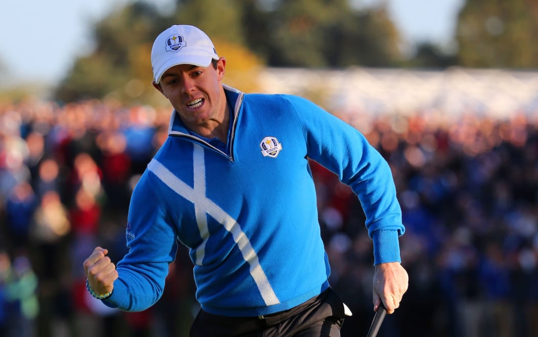 Europe's Rory McIlroy celebrates a birdie putt. Ryder Cup. Scotland. 2014.