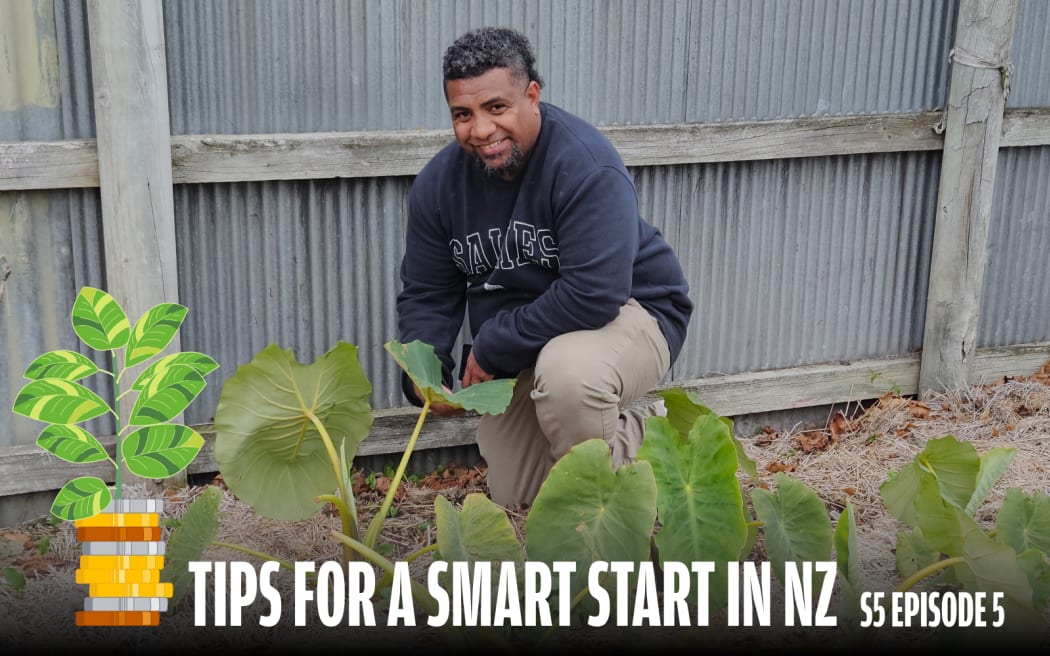 A smiling person crouches in a garden, tending to large leafy green plants in front of a corrugated iron fence. A stylised plant growing from stacked coins is shown on the left. Text at the bottom reads: “Tips for a Smart Start in NZ – S5 Episode 5.
