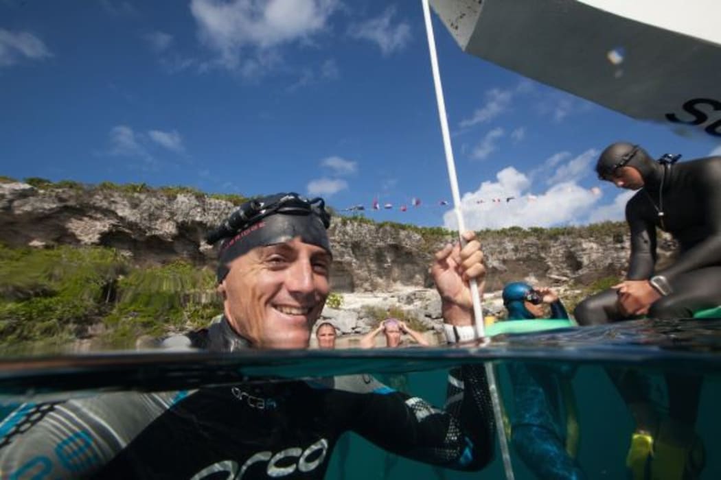 NZer Will Trubridge after a 120m Free Immersion dive at Vertical Blue 2014