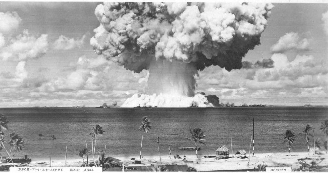 The "Baker" underwater nuclear weapons test at Bikini Atoll in 1946. Dozens of World War II vessels were used as targets for this weapons test, and now lie on the atoll's lagoon floor. Photo: US Navy.