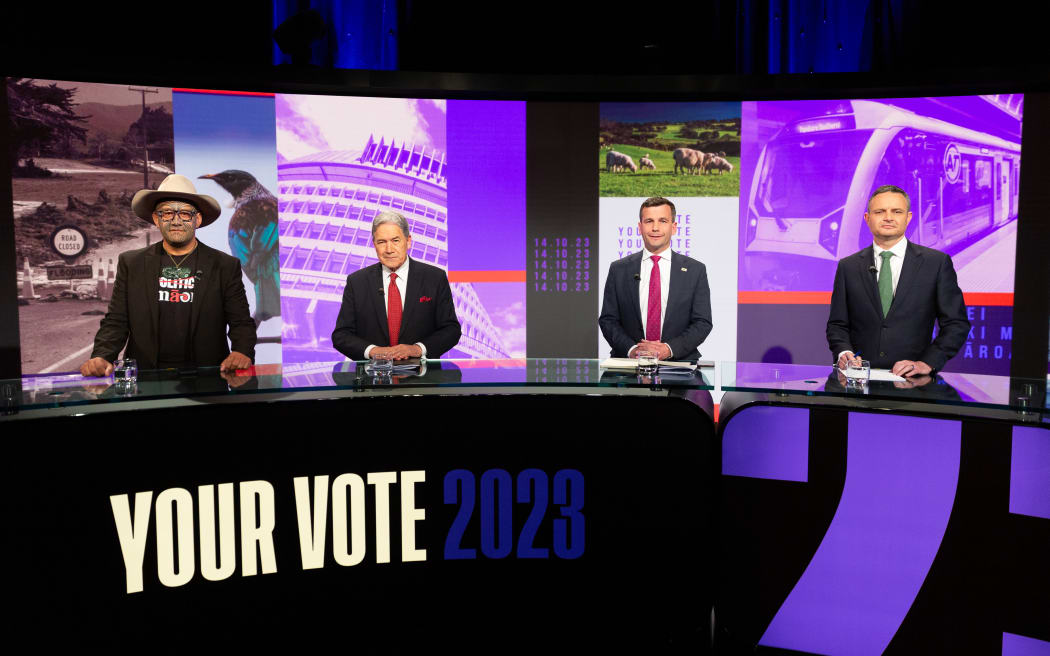 Rawiri Waititi, Winston Peters, David Seymour and James Shaw during TVNZ's multi party debate on 5 October 2023.