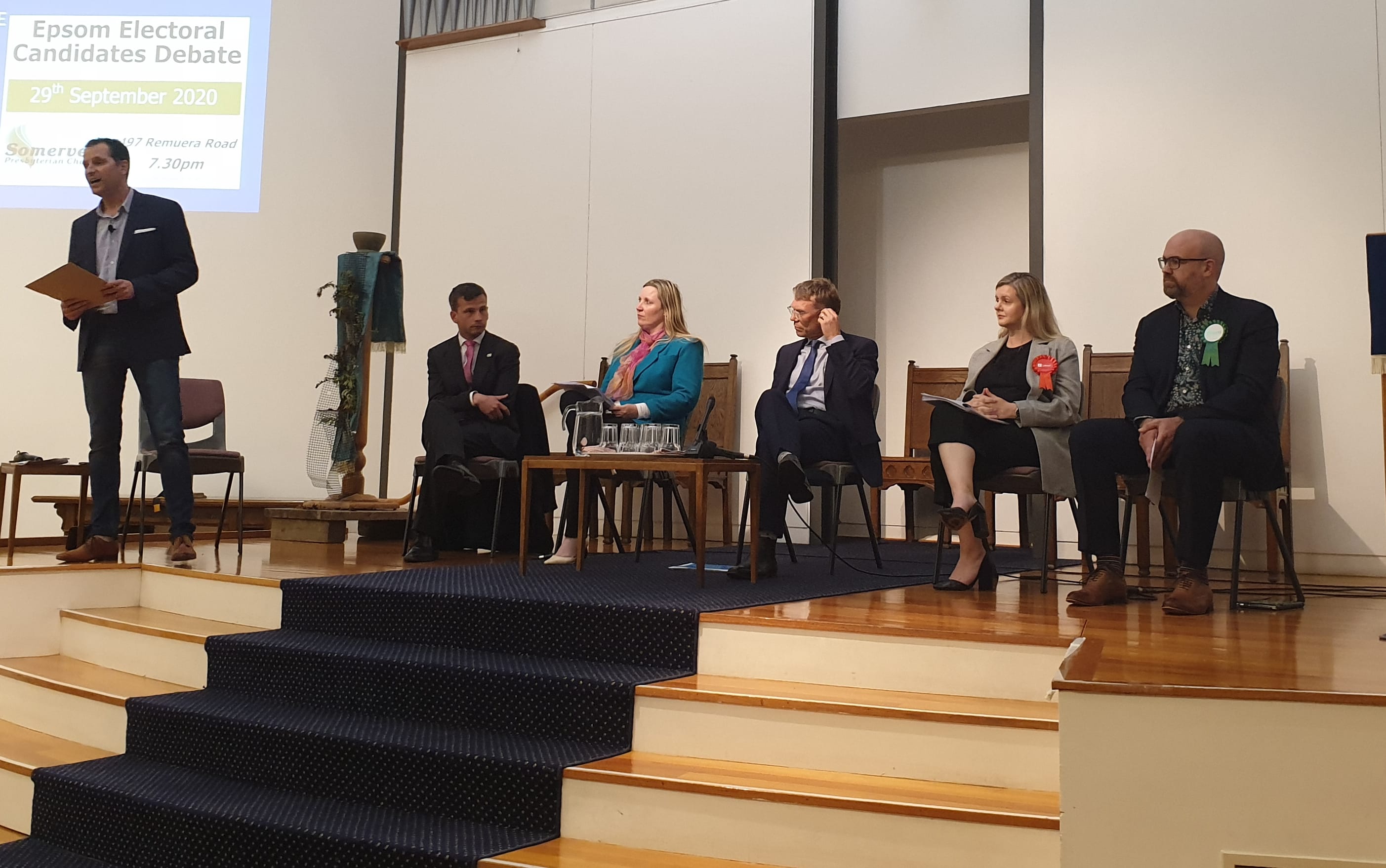 David Seymour, Faith-Joy Aaron, Paul Goldsmith, Camilla Belich and Kyle MacDonald at the Epsom electorate debate, moderated by Tim Watkin.